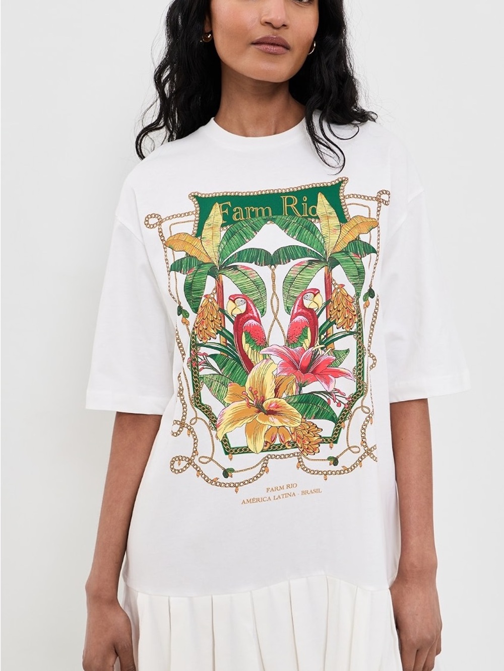 FARM Rio White Tropical Parrot & Floral Graphic Tee Dress | Medium